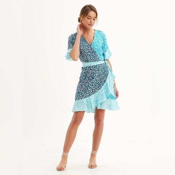 Marie Oliver Ryan Silk Mini Wrap Dress in Pebble Blue Ruffle Hem Large Coquette - Picture 1 of 9